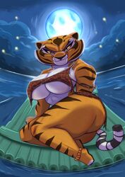 anthro big_ass big_breasts felid feline full_moon joelasko kung_fu_panda master_tigress moon muscular_female ripped_clothing stripes tagme tail thick_thighs tiger yellow_eyes yellow_fur