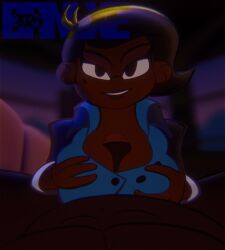 1boy 1girls animated animation_station_with_millie_martins big_breasts black_hair burningluxuriae cleavage clothed clothed_female_nude_male clothing dark-skinned_female dark_skin female female_focus millie_martins paizuri short_hair