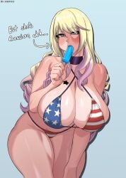 1girls american_flag_bikini blonde_hair breasts female female_only huge_breasts ice_cream light-skinned_female light_skin long_hair multicolored_hair original original_character pink_hair pink_highlights purple_eyes sieroo simple_background solo