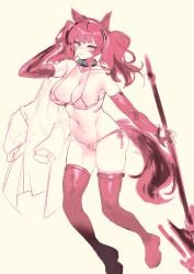 angelina_(arknights) animal_ears arknights coat collar female infection_monitor_(arknights) micro_bikini sketch staff
