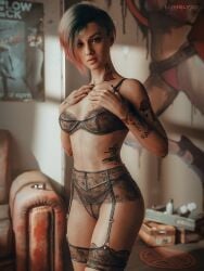 3d bodysuit bra censored cyberpunk_2077 hot judy judy_alvarez lumbly3d outfit realistic standing wet