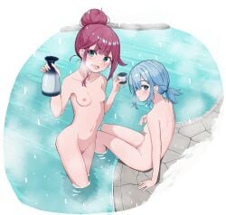 2girls absurdres alcohol aqua_eyes arm_support bath bathing blue_hair border bottle breasts breath center-flap_bangs choko_(cup) cleavage cleft_of_venus commentary_request completely_nude cup double-parted_bangs female_pubic_hair hair_bun hand_up hands_up highres holding holding_bottle holding_cup light_blush long_hair looking_at_viewer lower_teeth_only median_furrow medium_hair multiple_girls nipples nude on_floor onsen open_mouth original ponytail pool pubic_hair pussy red_hair sake same-sex_bathing shared_bathing sitting small_breasts snowing soaking_feet standing steam stone_floor teeth tokkuri towel uncensored urushiushiru variant_set very_long_hair wading water white_border