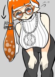 1girls artist_name atros_(misstta_neutral) black_pants breasts chains female glasses inkling inkling_girl large_breasts long_hair looking_at_viewer maria_(atros_(misstta_neutral)) marina_(splatoon)_(cosplay) nintendo orange_eyes orange_hair pants pointy_ears simple_background sleeveless sleeveless_turtleneck solo splatoon tentacle_hair turtleneck