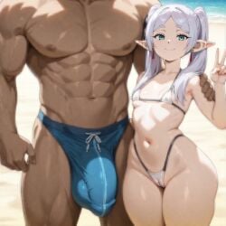 1boy 1girls abs ai_generated beach belly_button breasts bulge bulge_through_clothing cameltoe clothed clothed_female clothing curvy_hips dark-skinned_male dark_skin elf elf_ears elf_female eyebrows eyelashes female frieren front_view green_eyes grey_hair height_difference hentai4life_ human human_male looking_at_viewer male micro_bikini muscular muscular_male navel nipples outdoors outside peace_sign penis penis_under_clothes petite petite_female pointy_ears pussy size_difference small_breasts sousou_no_frieren stable_diffusion standing swimsuit swimwear taller_male thick_eyebrows thick_thighs thighs twintails v_sign