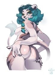 anthro areola ass blue_areola blue_eyes blue_hair blue_nipples blue_tail_tip blush bodily_fluids breasts brown_body brown_fur butt_focus digital_media_(artwork) dipstick_tail eyeliner facial_piercing felid female fur fur_markings genital_fluids genitals grey_body grey_fur hair hi_res holding_butt lion long_tail looking_at_viewer looking_back looking_back_at_viewer makeup mammal markings mascara multicolored_body nipples nixie01 nose_piercing nude opal_(plutodreams) original original_character pantherine piercing presenting pussy rear_view simple_background smile solo tail tail_markings thin_tail vaginal_fluids white_background white_body white_fur
