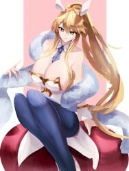 1girls artoria_pendragon artoria_pendragon_(swimsuit_ruler) big_breasts blonde_hair breasts bunny_ears bunnysuit busty cleavage clothing fate/grand_order fate_(series) female female_only green_eyes heels huge_breasts large_breasts leggings looking_at_viewer necktie no_bra png pstoo shoes sitting_on_person smile solo thick_thighs wide_hips