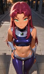 starfire sebassart dc_comics adult_female aged_up mature_female sexy superheroine casual petite brown_body green_eyes red_hair solo blush ai_generated paid_reward_available teen_titans patreon tight_clothing tight_fit exposed_torso thong