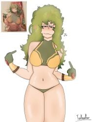 1girls art_trend bedroom_eyes blush boku_no_hero_academia breasts costume curly_hair cute eyelashes eyelashes_visible_through_hair female gloves green_hair hagakure_tooru hagakure_tooru_(visible) half-dressed hourglass_figure invisible_girl long_hair medium_breasts meme meme_reference my_hero_academia my_hero_academia_(finale) pointing_at_self post-timeskip reference_image showing_off smile smug solo solo_female solo_focus superhero superheroine tailfeather_(artist) thick_thighs topwear trend underwear white_background