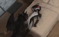 andromorph anthro anthro_on_anthro bat bedroom black_body black_fur canid canine canis collar cunnilingus domestic_dog dragon duo fur grabbing_sheets grey_body grey_fur hi_res humanoid husky hybrid intersex kneeling lying male male/male mammal markings masturbation mythological_creature mythological_scalie mythology nordic_sled_dog on_back oral oreobird piercing red_markings scalie sex spade_tail spitz tail vaginal_penetration wings wolf