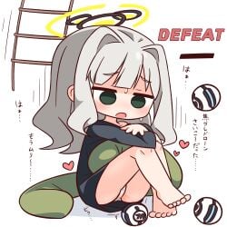 :o ? barefoot black_shirt blue_archive blunt_bangs blush commentary_request defeat empty_eyes female full_body green_eyes grey_hair halo hana_kazari hare_(blue_archive) highres knees_up ladder long_hair long_sleeves open_mouth panties pussy_juice shirt simple_background sitting solo sweat underwear white_background white_panties yellow_halo