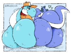 2boys ambiguous_gender anthro ass big_butt bodily_fluids cyan_yoshi duo hi_res huge_butt male male_(lore) male_only mario_(series) mario_bros mario_kart mario_kart_world nintendo rear_view sitting sweat sweaty_butt yoshi yoshi_(food_slinger)