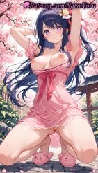 1girls 2025 ai_generated armpits arms_behind_head arms_up ass_visible_through_thighs bangs blue_hair blush breasts cherry_blossoms closed_mouth dress female hair_ornament hi_res highres hoshino_ai kneeling large_breasts long_hair looking_at_viewer natsuyoru nipples no_panties oshi_no_ko outdoors patreon petals pink_dress pink_footwear purple_eyes purple_hair pussy rabbit_hair_ornament slippers smile solo star-shaped_pupils star_(symbol) sweat thighs voluptuous voluptuous_female