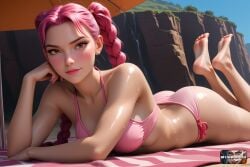 absurd_res ai ai_art ai_generated ass barefoot beach beach_towel beach_umbrella bikini blue_sky blush braid breasts brown_eyes cleavage closed_mouth collarbone day earrings feet feet_up female freckles hi_res high_quality high_resolution highres jewelry kpop_demon_hunters lips long_hair looking_at_viewer lying medium_breasts mira_(kpop_demon_hunters) myaiwaifu69 nail_polish netflix ocean on_stomach outdoors paid_reward pink_bikini pink_hair pink_swimsuit realistic sand shiny_skin sky smile soles solo summer sweat swimsuit the_pose toes towel twin_braids umbrella uncensored wet