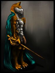 abs anthro blue_eyes canid canine cape chumbasket clothing foreskin full-length_portrait fur genitals hi_res holding_melee_weapon holding_object holding_sword holding_weapon humanoid_genitalia humanoid_penis looking_at_viewer male male_anthro mammal melee_weapon mostly_nude muscular muscular_anthro muscular_male narrowed_eyes nipples orange_body orange_fur orange_penis pecs penis portrait side_view simple_background solo standing sword weapon white_body white_fur