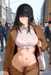1girls ai_generated black_hair chainsaw_man demon demon_girl devil devil_girl exposed_midriff female heroine light-skinned_female light_skin midriff midriff_baring_shirt mitaka_asa no_panties pubic_hair ringed_eyes scar scar_on_face spiral_eyes wardrobe_malfunction yoru_(chainsaw_man)