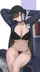 absurdres arms_behind_head arms_up black_bra black_collar black_hair black_jacket black_panties blush bra breasts cleavage collar commentary elvandec female goddess_of_victory:_nikke grin head_tilt highres id_card jacket large_breasts long_hair long_sleeves looking_at_viewer navel open_clothes open_jacket panties red_eyes simple_background sitting sitting_on_object smile solo sora_(nikke) stomach thighs twintails underwear white_background
