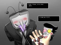 2boys antennae black_hair blush blush_lines candy clothed clothed_male deltarune deltarune_chapter_3 fangs glasses hand hand_behind_back hand_tied holding_object leash leash_and_collar leash_pull male male/male meme meme_reference pointy_nose robot robot_humanoid sitting sitting_down sitting_on_floor smile spamton_g_spamton suit tenna_(deltarune) tie tied tied_up tongue tongue_out tootsie_roll tv tv_head