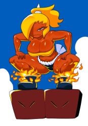 1girls ass big_breasts block boots breasts female flame flames fundoshi horn mario_(series) mawashi minus8 no_pants outdoors platform serious sky spread_legs squatting sumo sumo_bro super_mario_bros. super_mario_world thick_thighs thong tubetop yellow_hair