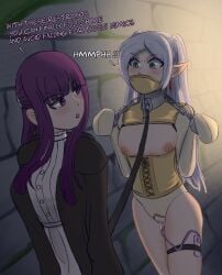bondage bondage_mittens bound bound_hands bound_wrists breast_cutout chains collar dialogue elf elf_ears english_text exposed_breasts exposed_pussy female female_only femsub fern_(sousou_no_frieren) frieren frieren_beyond_journey's_end gag gagged gagged_speech hairless_pussy leash metal_collar mittens pointy_ears purple_eyes purple_hair pussy_cutout text thigh_strap vibrator vibrator_controller vibrator_cord vibrator_in_pussy vocaloid13_(artist) white_hair