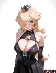 1girls ai ai_art ai_generated bangs_over_one_eye belt black_dress blonde_hair blue_eyes breasts collar cowboy_shot crown earrings female hair_over_one_eye large_breasts long_hair one_eye_covered pink_lips rosalina simple_background watermark white_background