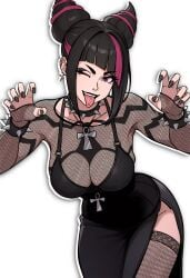 1girls ankh big_breasts black_fingernails black_hair busty capcom curvy fishnets goth goth_girl hairbuns juri_han light-skinned_female light_skin pierced_ears pierced_tongue pink_streak redpostit spiked_bracelet spiked_collar sticking_out_tongue street_fighter white_background