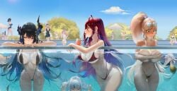 1girls big_breasts bikini bikini_bottom black_hair blonde_hair blue_hair breasts ceres_fauna character_in_background colored_inner_hair covered_nipples covering_breasts dark-skinned_female dark_skin elizabeth_rose_bloodflame embarrassed eyewear_on_head female female_only fuwamoco fuwawa_abyssgard gawr_gura hololive hololive_english hololive_english_-advent- hololive_english_-council- hololive_english_-justice- hololive_english_-promise- hololive_myth horn irys irys_(hololive) large_breasts light-skinned_female light_brown_hair light_skin long_hair merged mococo_abyssgard mori_calliope multicolored_hair multiple_girls nerissa_ravencroft nikatsun one-piece_swimsuit orange_hair ouro_kronii pink_hair ponytail pool raora_panthera red_eyes red_hair rucarachi shiori_novella sling_bikini smile string_bikini sunglasses sunglasses_on_head swimming_pool swimsuit swimwear takanashi_kiara topless tsukumo_sana very_long_hair virtual_youtuber water white_hair