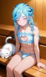 1boy ai_generated blue_nails bra bulge calm cat_cutout femboy grusha_(pokemon) lingerie male mist nails_painted otoko_no_ko panties penis pokemon sauna sauna_bench thighs