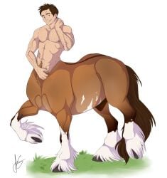 2016 absurd_res agropuer animal_genitalia body_hair brown_body brown_hair centaur equid equid_taur equine equine_taur european_mythology fully_sheathed fur genitals greek_mythology hair hi_res hooves horse horse_taur humanoid_taur male mammal mammal_taur mythology nipples nude_male nude_taur sheath simple_background solo standing taur white_background white_body white_fur