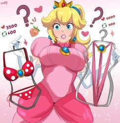 1girls ? artist_name bikini blonde_hair blue_earrings blue_eyes breasts clothed clothes_hanger crown dress earrings elbow_gloves female gloves karbuitt large_breasts like_and_retweet long_gloves long_hair mario_(series) nintendo pink_dress ponytail princess_peach retweet_challenge sling_bikini slingshot_swimsuit solo solo_female solo_focus swimsuits two_piece_swimsuit white_elbow_gloves white_gloves white_long_gloves