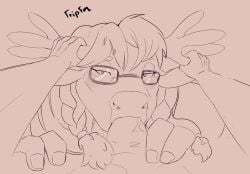 2023 anthro antler_grab antlers bangs blizzard_entertainment blush bovid bovine braided_hair digital_drawing_(artwork) digital_media_(artwork) duo eyebrows eyewear fellatio female fingernails fingers genitals glasses hair hatching_(art) hearthstone hi_res highmountain_tauren horn human human_on_anthro interspecies lidded_eyes line_art long_hair male male/female mammal monochrome nails oral penile penis sex shaded snout speaker_gidra tauren tripfox vein veiny_penis warcraft