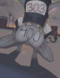 anthro breasts catgirl clitoris cum cum_drip cum_in_pussy feet hat holding_breast oc pussy slopsickles sweat tail thighs toes tongue writing_on_body