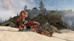aloy breasts_out distracted green_eyes guerilla_games horizon_forbidden_west red_hair tribal