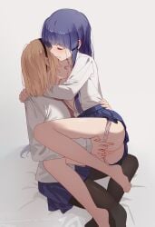 2girls absurdres arms_around_neck bed_sheet black_dress black_hairband black_pantyhose blonde_hair blue_skirt blush closed_eyes dress fingering furude_rika grey_background hairband hand_on_another's_back highres higurashi_no_naku_koro_ni higurashi_no_naku_koro_ni_gou houjou_satoko imminent_bite long_hair long_sleeves medium_hair multiple_girls necktie open_clothes open_mouth open_shirt panties panty_pull pantyhose pink_panties pleated_skirt purple_hair pussy pussy_juice pussy_juice_trail red_necktie school_uniform shirt sitting sitting_on_lap sitting_on_person skirt st._lucia_academy_school_uniform uncensored underwear usamin_(megumikira) white_shirt yuri