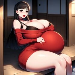 1girls aged_up ai_generated amagi_yukiko atlus bare_shoulders bimbo bimbo_body bimbo_lips bimbofication bimbofied black_hair blush bra bra_strap breasts breasts_bigger_than_head child_bearing_hips choker cleavage collarbone dress eyeshadow female from_side gigantic_breasts grey_eyes hand_on_breast hand_on_own_chest hand_on_own_stomach hand_on_stomach huge_ass huge_breasts lace lace-trimmed_bra lace_trim lipstick long_hair makeup massive_ass massive_breasts milf novelai outdoors outside oversized_clothes persona persona_4 porch pregnant pregnant_female shade shadow short_dress short_skirt sitting sliding_doors smile solo solo_female sweater sweater_dress tgm101_(artist) thick_thighs three-quarter_portrait very_long_hair wide_hips wooden_floor
