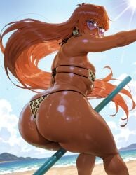 ai-created ai_generated animal_print ass ass_focus back bangs bare_shoulders beach bikini bikini_bottom blue_eyes blue_sky blush bodily_fluids breasts clothing cloud dark-skinned_female dark_skin day earrings elhaym_van_houten eyepatch_bikini eyewear female female_only from_behind glasses gyaru heart heart-shaped_eyewear heart_earrings high_resolution holding huge_ass jewelry large_breasts leopard_print lips long_hair looking_at_viewer looking_back ocean orange_hair original outdoors pink-tinted_eyewear print_bikini print_swimsuit purple_eyes sand shiny shiny_skin side-tie_bikini side-tie_bikini_bottom side-tie_clothing side-tie_swimsuit sideboob skindentation sky smile solo standing string_bikini sun sunglasses sunlight sweat swimsuit tanlines tanned thick_thighs thighs thong thong_bikini thong_swimsuit tinted_eyewear umbrella very_long_hair video_game_character water wet xeno_(series) xenogears