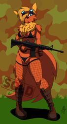 absurd_res anthro bikini canid canine clothed clothing eyewear female fishnet fox g-string genitals goggles gun hi_res hybrid mammal masterzoroark666 pussy pussy_floss ranged_weapon rifle skimpy soldier_boots solo steampunk_goggles strings swimwear underwear weapon