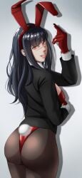 1girls black_hair black_jacket bunny_costume bunny_ears bunny_girl bunny_suit bunny_tail bunnysuit chainsaw_man demon demon_girl devil devil_girl female female heroine jacket light-skinned_female middle_finger mitaka_asa red_bunnysuit ringed_eyes scar scar_on_face spiral_eyes tongue tongue_out yoru_(chainsaw_man)
