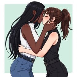 2girls ai_generated black_hair brown_hair carl_johnson catalina_vialpando grand_theft_auto grand_theft_auto:_san_andreas kiss_on_lips kissing lesbian_couple lesbian_kiss rule_63 yuri yuri