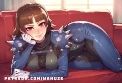 ai_generated big_ass big_breasts big_butt big_thighs blush braid brown_hair casting_couch couch hand_on_chin huge_ass huge_breasts huge_butt huge_thighs lying makoto_niijima on_side persona persona_5 red_eyes short_hair wanuze wide_hips