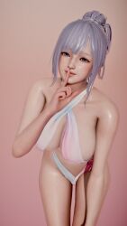 1girls 3d bocas_top cleavage dead_or_alive dustbunny_(artist) fiona_(doa) large_breasts purple_eyes purple_hair shushing swimsuit voluptuous wet wet_face