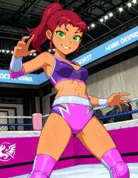 2025 ai_generated belly boxing_ring cartoon_network dc dc_comics dcau deviantart elryusam female female_only green_eyes_female handwear looking_at_viewer meta orange_body orange_skin purple_hairband red_eyebrows red_hair_female red_ponytail short_hair_female smile_at_viewer smiling_at_viewer starfire starfire_(comics) starfire_(dcamu) starfire_(teen_titans) teen_titans teeth_showing tummy wrestling_boots wrestling_outfit wrestling_ring