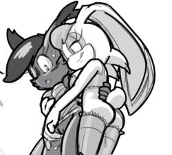 2girls archie_comics ass big_breasts black_and_white bra breasts dress_lift female hotred is_(artist) lesbian milf multiple_girls nicole_the_lynx pussy pussy_juice servedasis sonic_(series) sweat thighhighs tongue_out vanilla_the_rabbit yuri