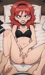 ai_generated ass bigmic145 bottomless bra breasts cleavage convenient_censoring convenient_censorship envy_adams female fingering implied_fingering navel netflix ponytail red_hair scott_pilgrim scott_pilgrim_takes_off stained_sheets wet_pussy