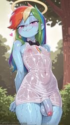 1boy ai_generated black_bow black_bowtie blue_skin blush bow bowtie colored_skin covered_navel cowboy_shot decurse dress futanari green_hair half-closed_eyes halo heart long_hair looking_at_viewer male_focus multicolored_hair my_little_pony naughty_face navel nipples otoko_no_ko outdoors penis rainbow_dash_(mlp) rainbow_hair seductive_smile see-through sleeveless sleeveless_dress smile solo testicles uncensored wet wet_clothes white_dress
