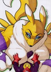 absurd_res anthro bandai_namco big_breasts black_sclera breast_play breasts digimon digimon_(species) duo female genitals hi_res impmon larger_female male male/female nude penis renamon rotten_owl sex simple_background size_difference titjob traditional_media_(artwork) white_background
