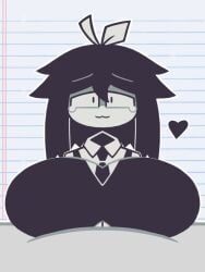 2boys abbie_(fundamental_paper_education) animated animated anon big_breasts black_hair blush bow busty_boy fundamental_paper_education gay heart_symbol looking_at_viewer male_only male_pov male_with_breasts paizuri paizuri_under_clothes paper_background pov school_uniform smile tears tie white_skin yaoi