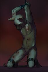 2019 4_toes 9:16 anthro blood bodily_fluids bondage bound cuntboy digital_media_(artwork) domestic_cat felid feline felis hi_res intersex jetmongrel kneeling mammal navel nipples pussy solo sphynx_(cat) toes wounded yuu_fardeau