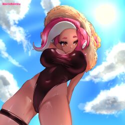 1girls agent_8_(octo_expansion) agent_8_(splatoon) artist_name breasts cleavage cloud clouds cloudy_sky female hat large_breasts looking_at_viewer looking_down looking_down_at_viewer nintendo norishiitsu octoling octoling_girl orange_hair pink_hair short_hair sky solo splatoon splatoon_2 splatoon_2:_octo_expansion sweat swimsuit tentacle_hair thick_thighs