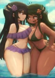 2girls absurdres angry bikini bikini_skirt black_hair blush breasts choker cleavage cloud collarbone dark-skinned_female dark_skin female filia_(skullgirls) flower fukua_(skullgirls) green_bikini green_eyes green_hair hair_flower hair_ornament hands_on_own_hips highres large_breasts leaning_forward long_hair looking_at_another multi_mouth multiple_girls navel ocean open_mouth purple_bikini red_eyes samson_(skullgirls) side-tie_bikini_bottom skullgirls sky smile sparkle standing swimsuit teeth thick_thighs thighs tony_welt wading water wide_hips