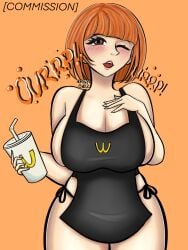 apron apron_only big_breasts breasts_bigger_than_head bubsthehornygoddess burp burp_fetish burping hand_on_breast mcdonald's orange_eyes orange_hair soda soda_bottle wide_hips